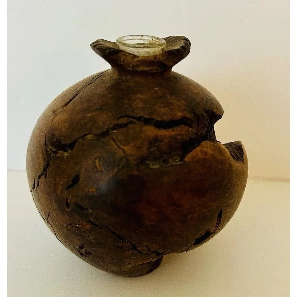 Vtg Hand Turned Burl Wood Bud Vase MCM Unique Brutalist Sculpture